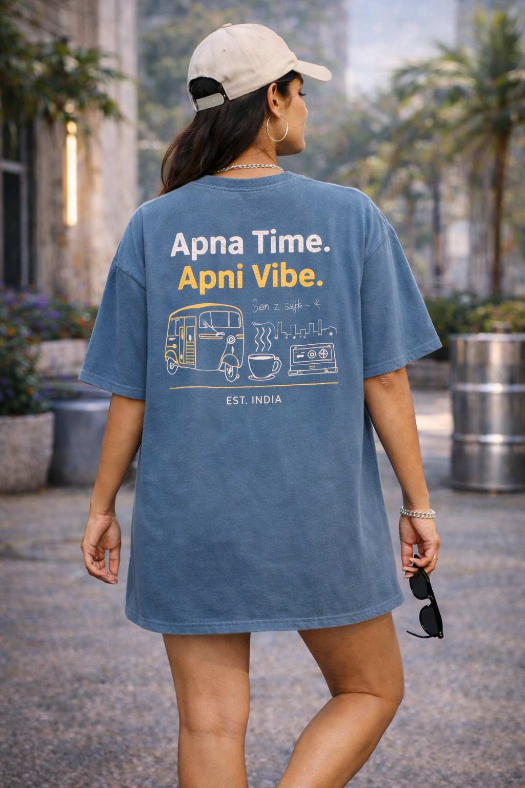 Dusty Blue Oversized T-Shirt Dress for Women | Indian Gen Z Streetwear | “Apna Time Apni Vibe” Print