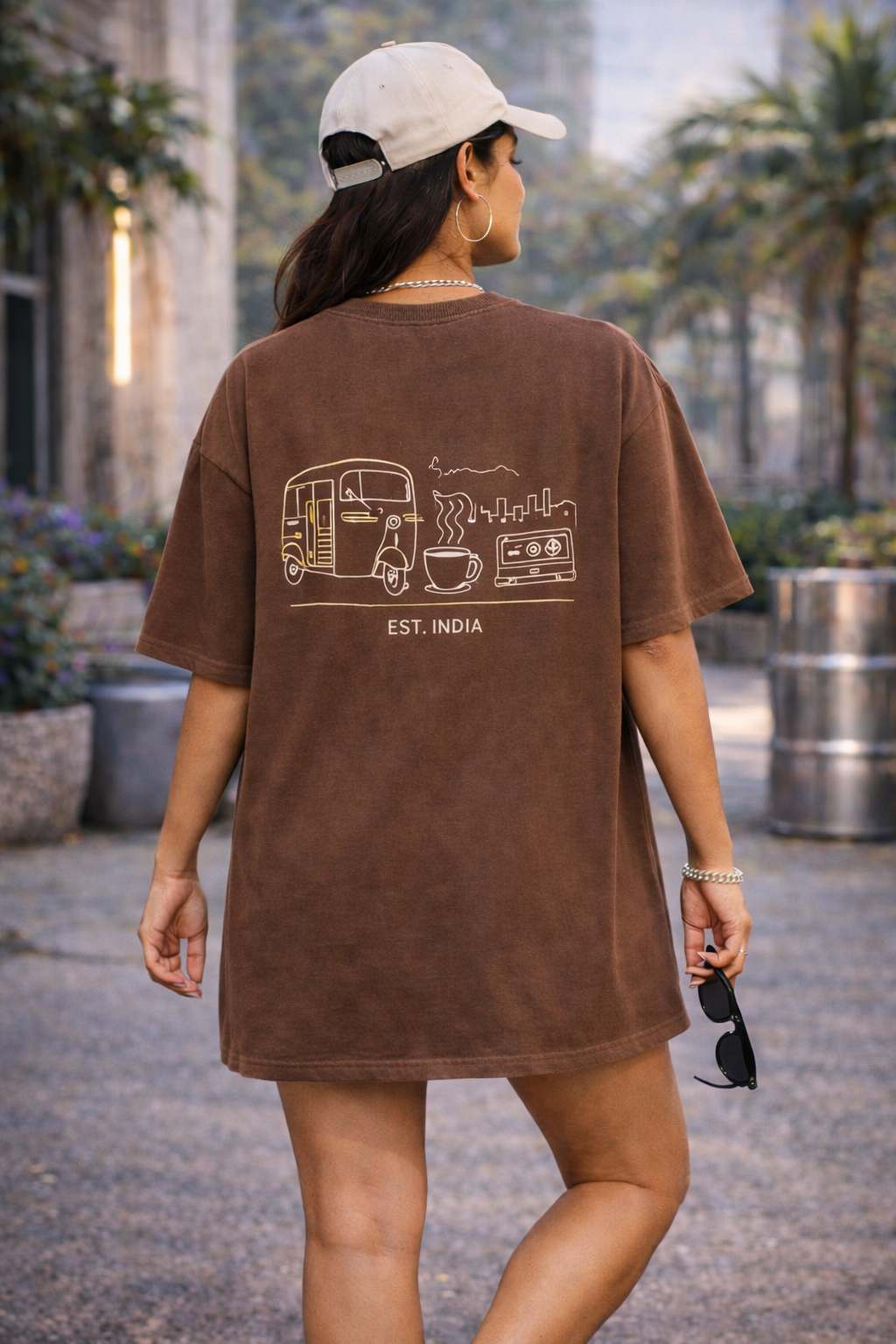 Mocha Brown Oversized T-Shirt Dress for Women | Indian Gen Z Streetwear | Minimal EST. INDIA Back Print