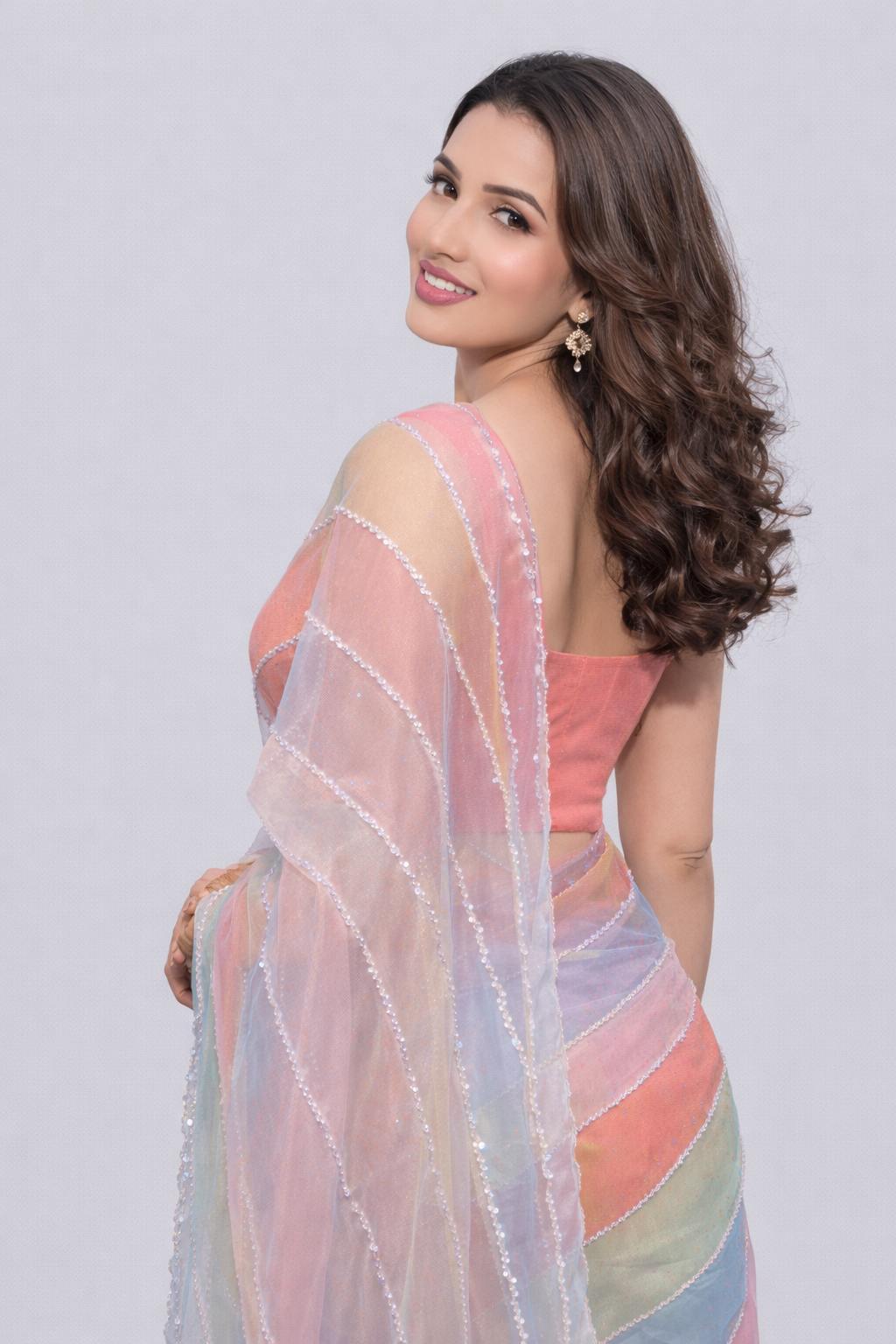Premium Soft Pastel Organza Saree with Silver Border – Party & Festive Wear - Image 3