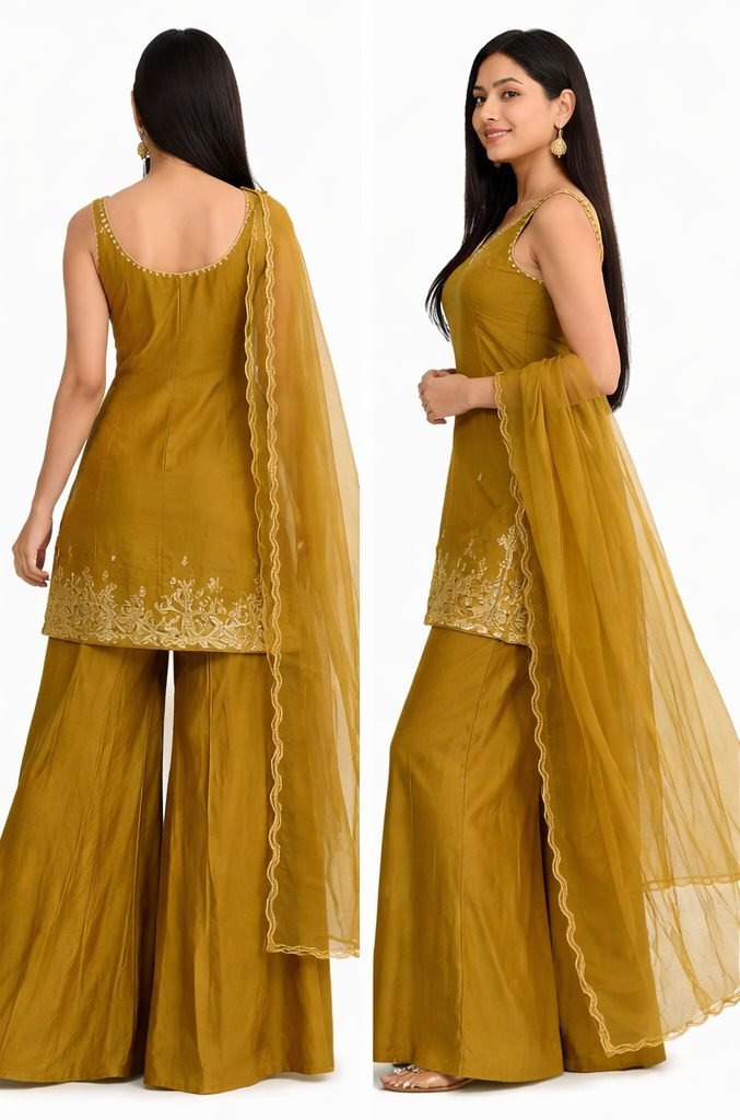 Olive Green Embroidered Sharara Set – Party & Festive Wear - Image 2