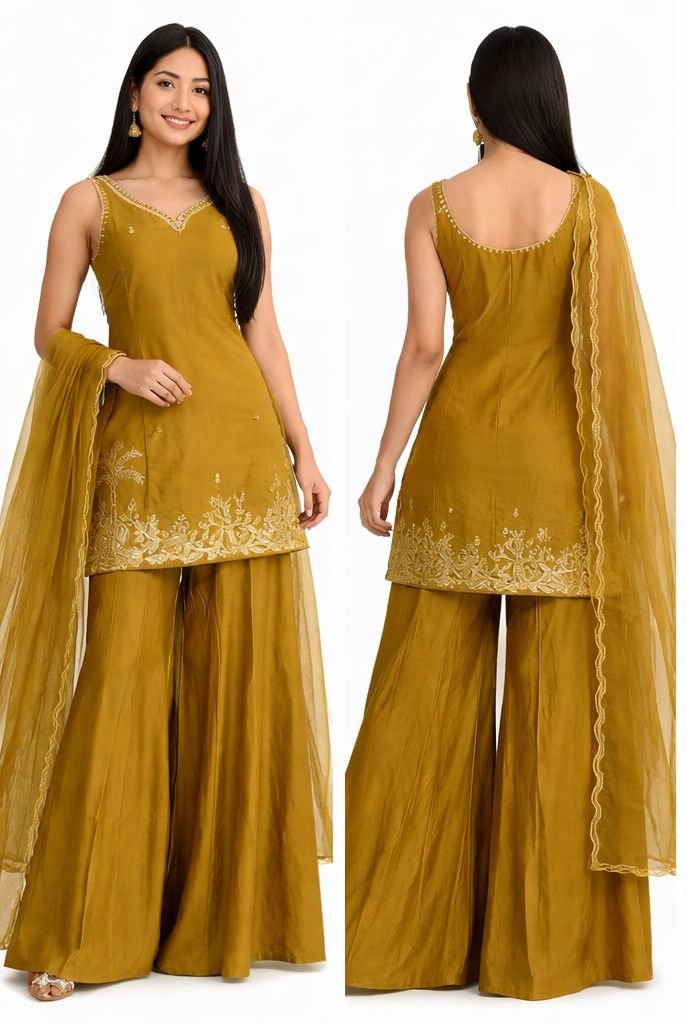 Olive Green Embroidered Sharara Set – Party & Festive Wear