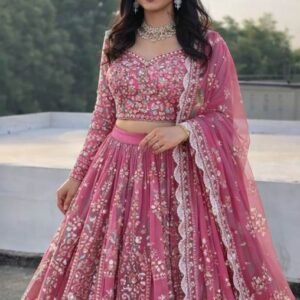 Pink Mirror-Work Embroidered Festive Lehenga Set with Luxe Dupatta & Full-Sleeve Blouse