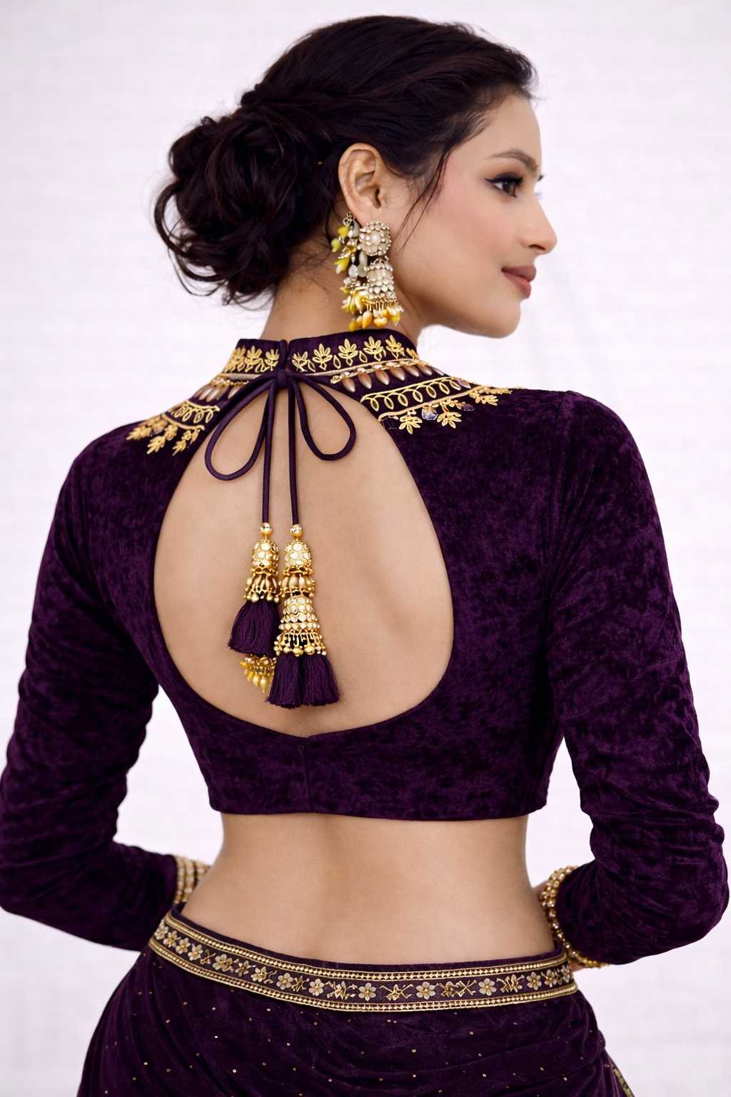 Plum Velvet Designer Blouse | Heavy Gold Embroidered High Neck - Image 3