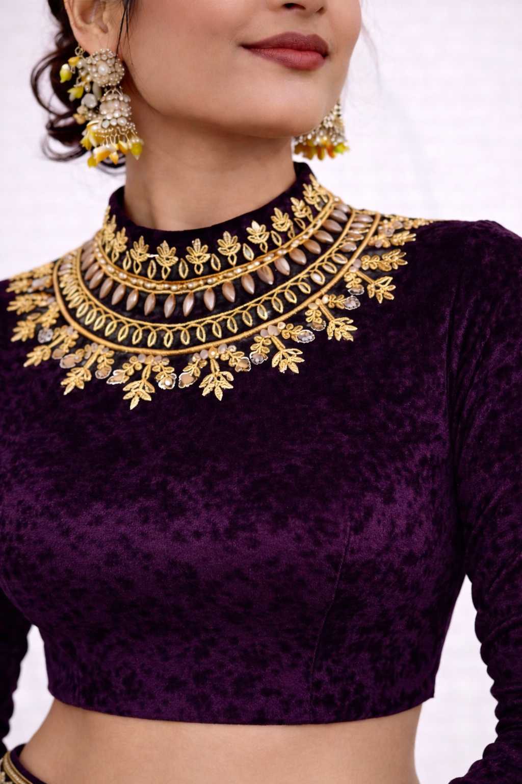 Plum Velvet Designer Blouse | Heavy Gold Embroidered High Neck - Image 2