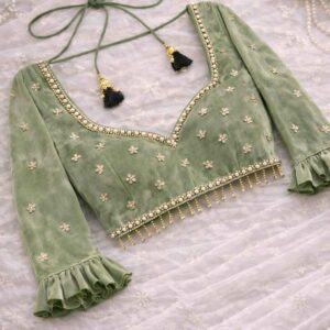 Sage Green Velvet Sweetheart Neck Party Wear Blouse
