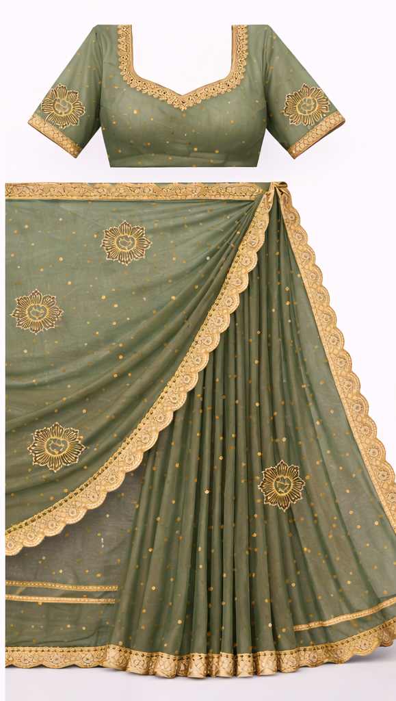 Sage Green Net Saree with Gold Lotus Embroidery - Image 3