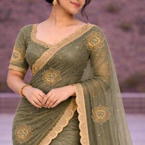 Sage Green Net Saree with Gold Lotus Embroidery