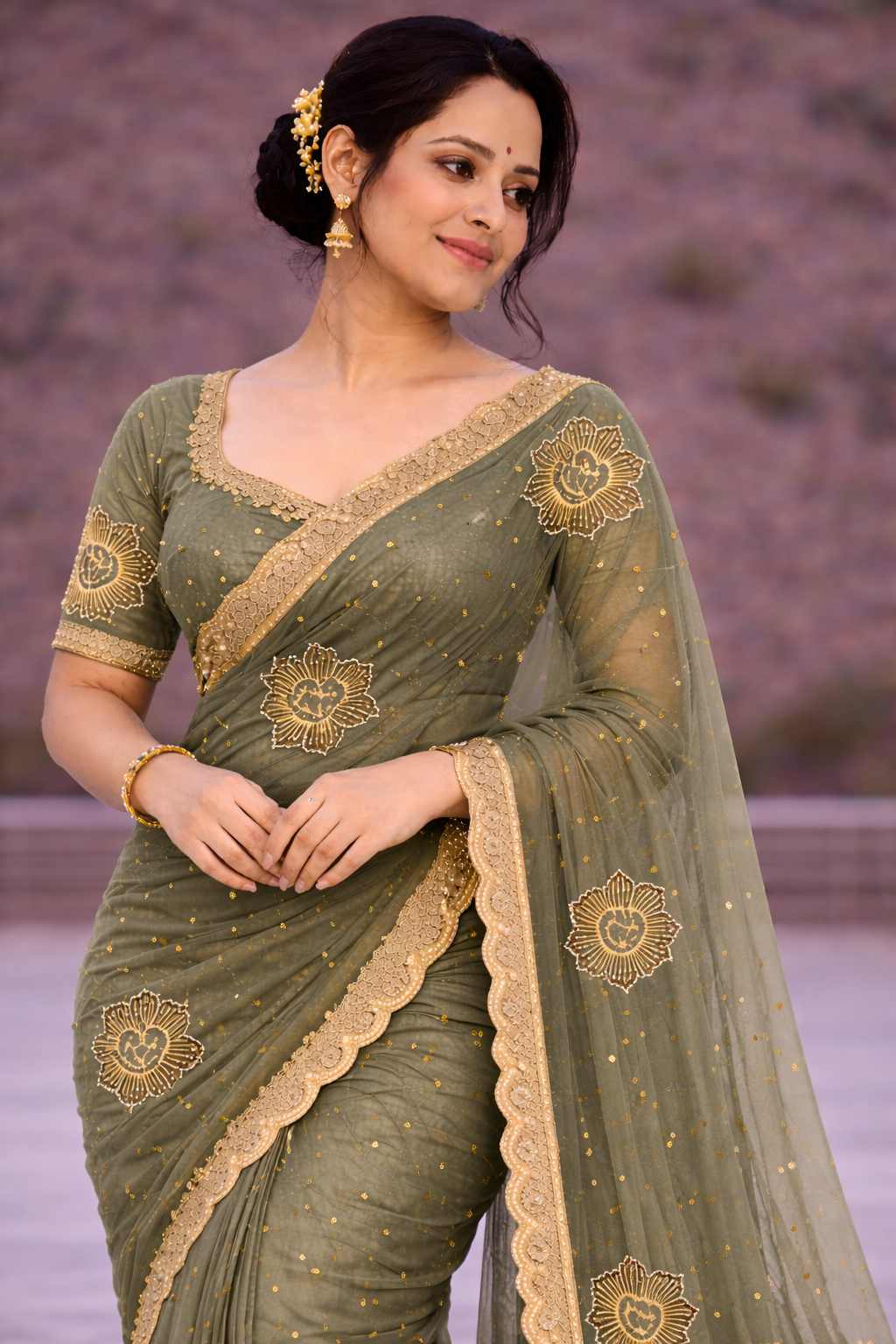 Sage Green Net Saree with Gold Lotus Embroidery