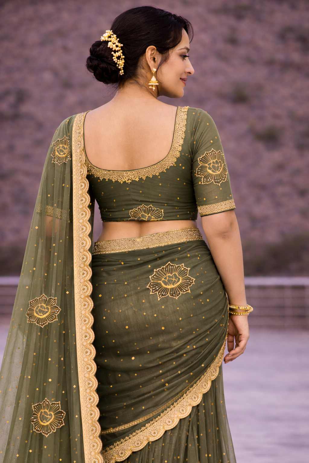 Sage Green Net Saree with Gold Lotus Embroidery - Image 2
