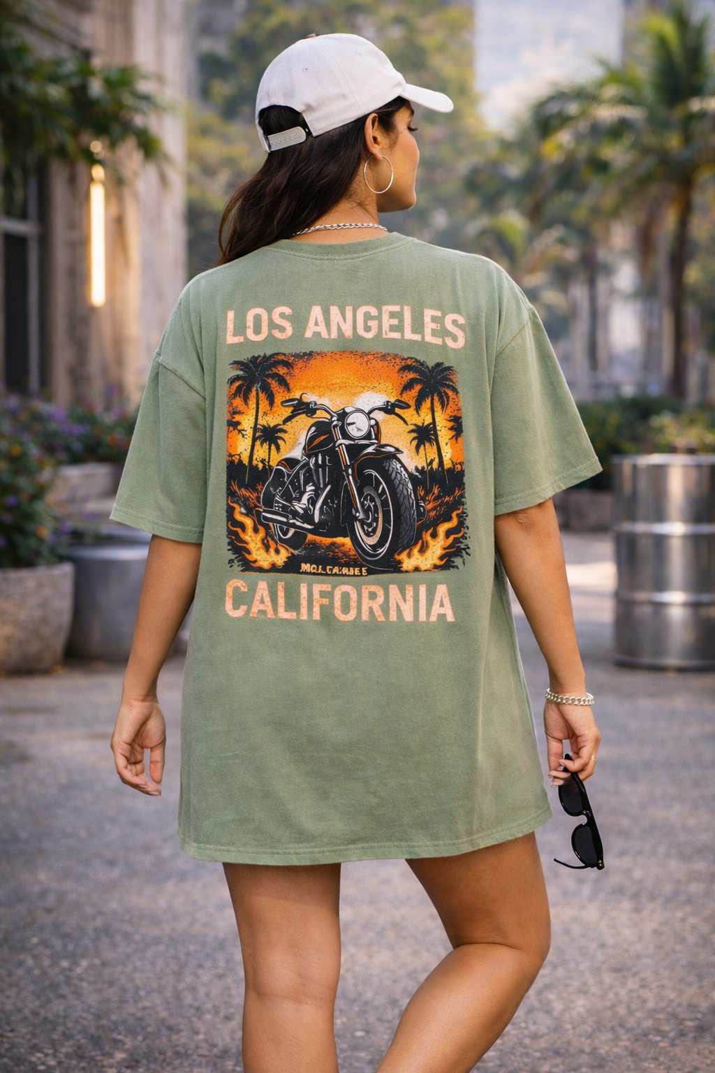 Sage Green Oversized T-Shirt Dress for Women | Gen Z Streetwear | Los Angeles California Back Print