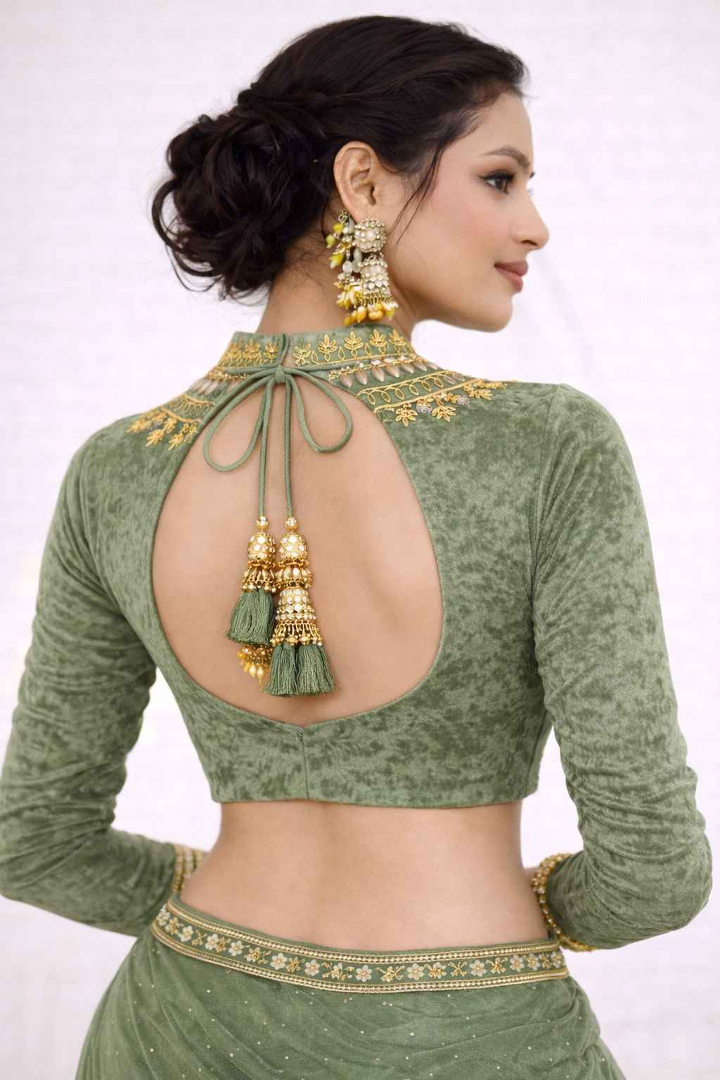 Sage Green Velvet Designer Blouse | Heavy Gold Embroidery High Neck - Image 2