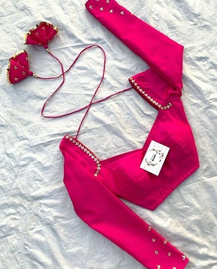 Hot Pink Designer V-Neck Saree Blouse with Tassels