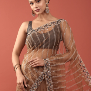 Gold Net Embroidery Saree