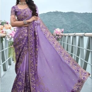 Beautiiful Purple Heavy Embroidered Designer Silk Saree