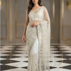 Grey Net Heavy Hand Embroidery Saree