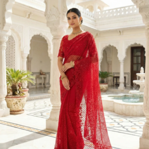 Red Net Heavy Hand Embroidery Saree