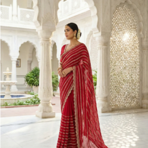 Red Tissue Stone Hand Embroidery Saree