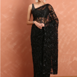 Black Net Saree with Hand Embroidery