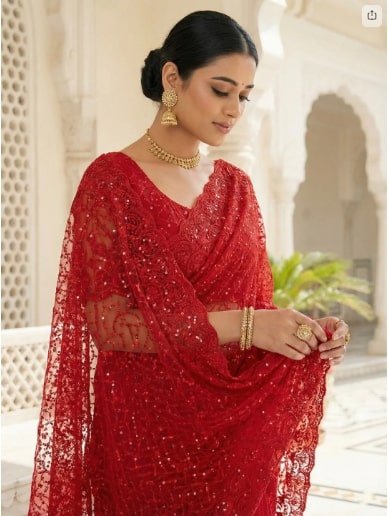 Red Net Heavy Hand Embroidery Saree - Image 2