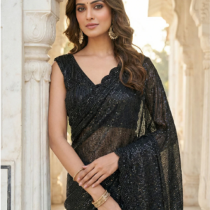 Black Net Heavy Sequins And Stone Work Saree With Readymade Blouse