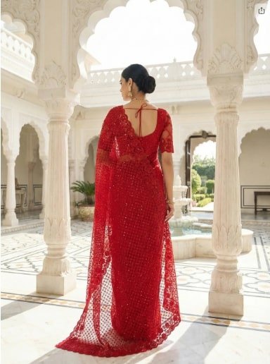 Red Net Heavy Hand Embroidery Saree - Image 3