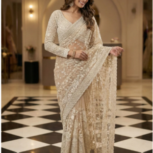 Cream Net Heavy Hand Embroidery Saree
