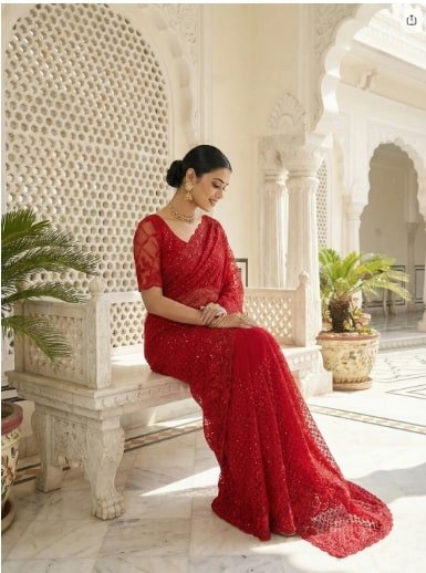 Red Net Heavy Hand Embroidery Saree - Image 4