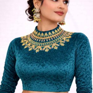 Teal Velvet Designer Blouse | Heavy Gold Embroidered High Neck