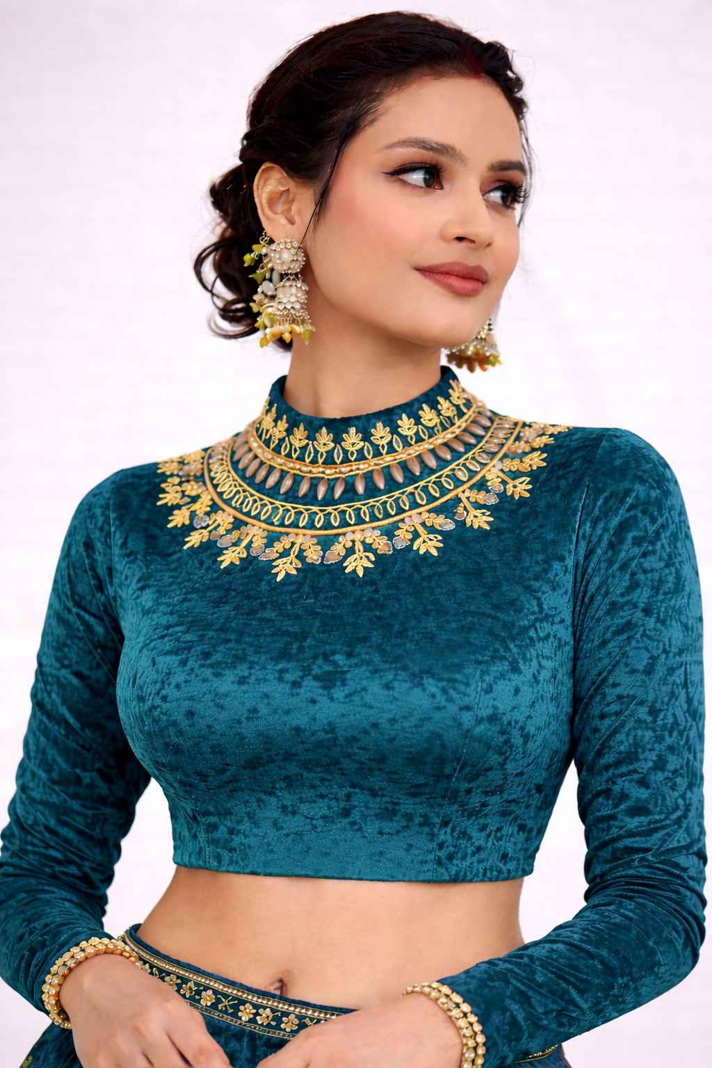 Teal Velvet Designer Blouse | Heavy Gold Embroidered High Neck