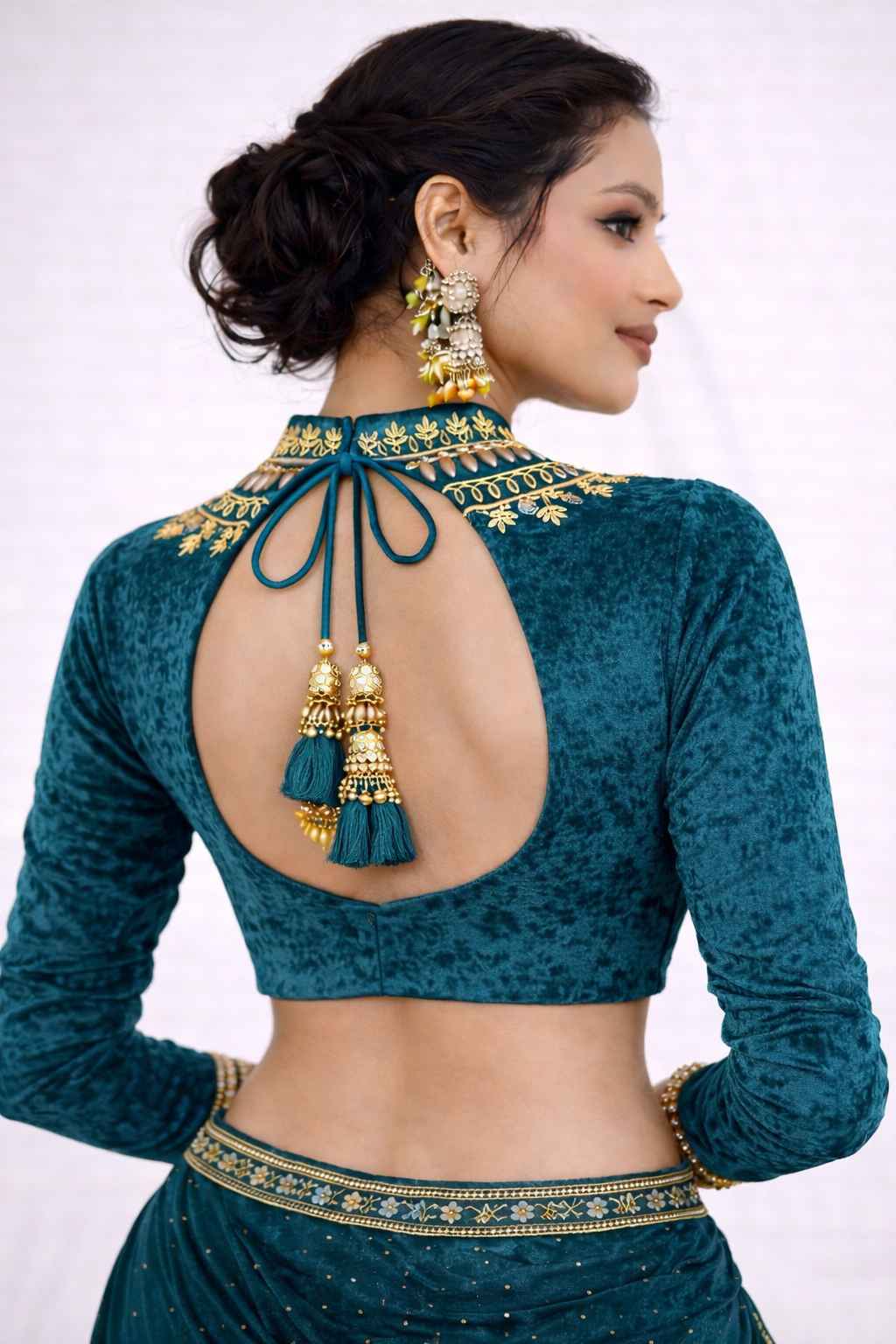 Teal Velvet Designer Blouse | Heavy Gold Embroidered High Neck - Image 3