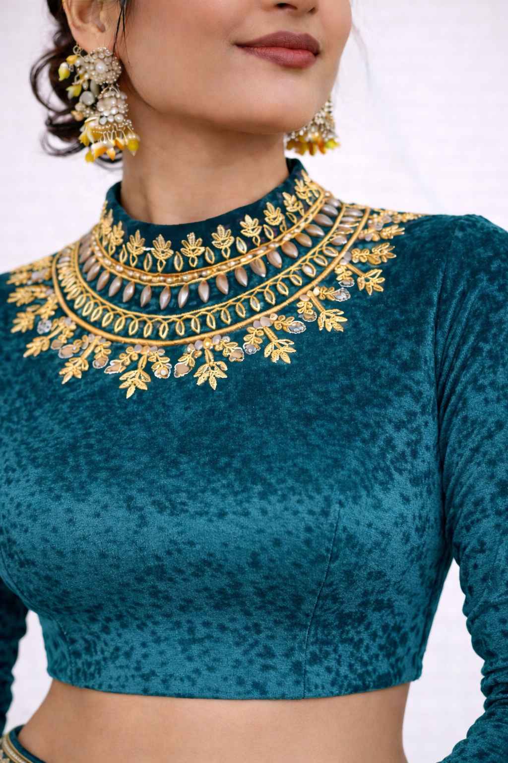 Teal Velvet Designer Blouse | Heavy Gold Embroidered High Neck - Image 2