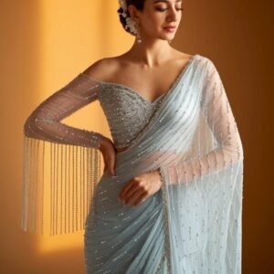 Ice Blue Crystal Fringe Net Saree