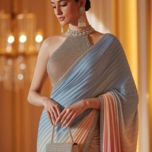 Pastel Blue–Peach Ombré Net Saree