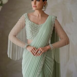 Mint Green Pearl Embellished Designer Net Saree