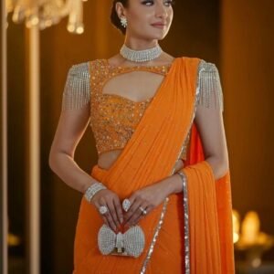 Orange Crystal Embellished Net Saree with Cut-Out Blouse