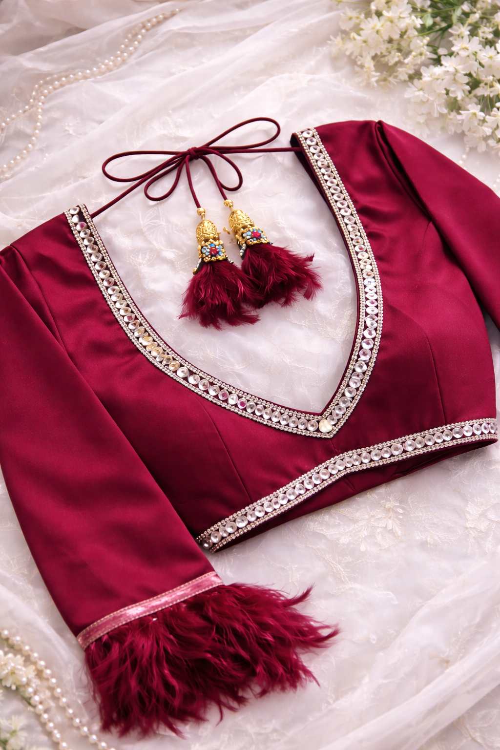 Wine Satin Mirror Work Deep U Neck Blouse - Image 2