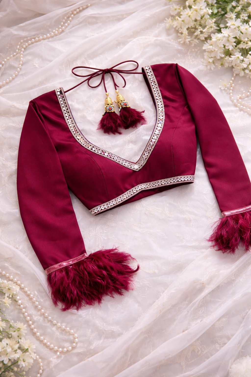 Wine Satin Mirror Work Deep U Neck Blouse | Feather Latkan & Sleeves | Party Wear