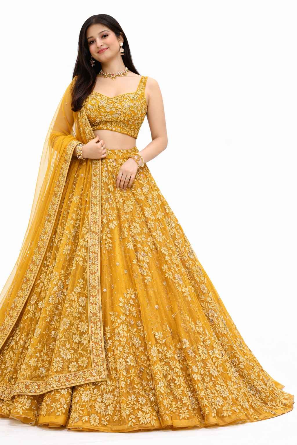 Women Mustard Yellow Party Wear Lehenga Choli with Heavy Embroidery & Net Dupatta Buy