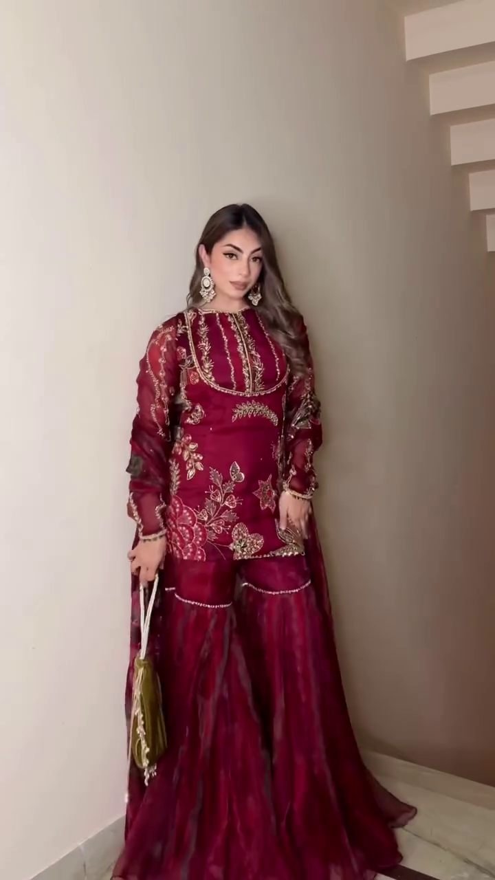 Majestic Maroon Heavy Embroidered Kurti–Sharara Set with Luxe Sheer Dupatta & Golden Threadwork Detailing ✨💃🌺🪡 - Image 2