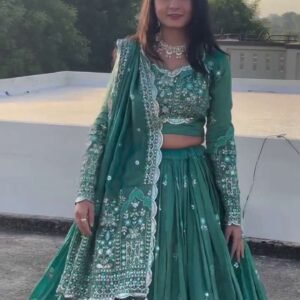 Enchanted Emerald Mirror-Work Embroidered Festive Lehenga Set with Luxe Dupatta & Full-Sleeve Blouse ✨💚🌿