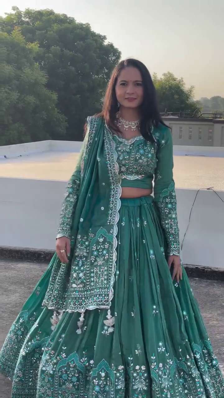 Enchanted Emerald Mirror-Work Embroidered Festive Lehenga Set with Luxe Dupatta & Full-Sleeve Blouse ✨💚🌿