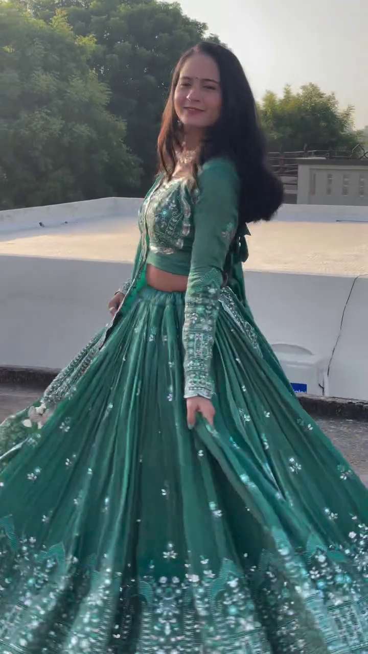 Enchanted Emerald Mirror-Work Embroidered Festive Lehenga Set with Luxe Dupatta & Full-Sleeve Blouse - Image 2