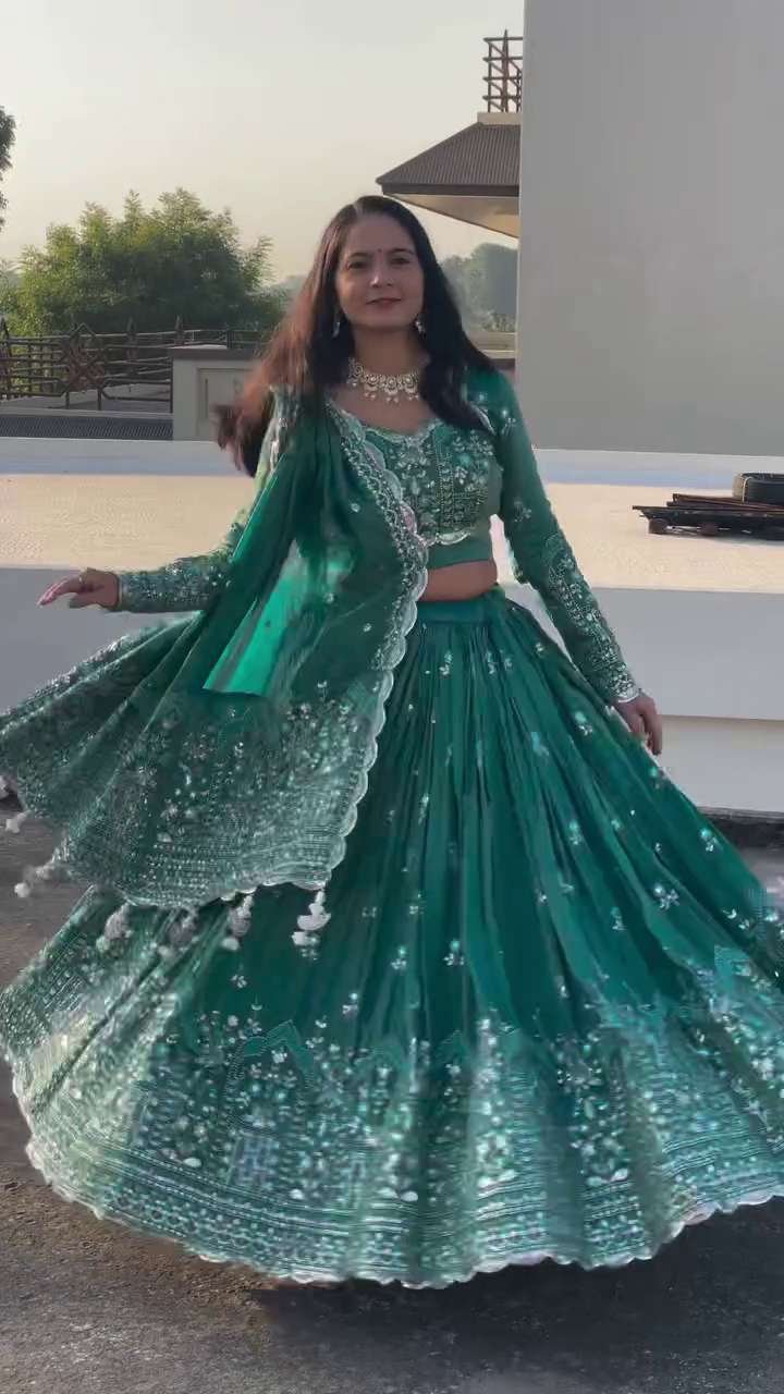 Enchanted Emerald Mirror-Work Embroidered Festive Lehenga Set with Luxe Dupatta & Full-Sleeve Blouse - Image 4