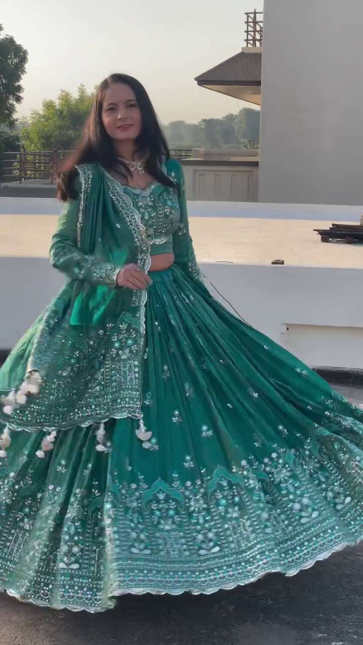 Enchanted Emerald Mirror-Work Embroidered Festive Lehenga Set with Luxe Dupatta & Full-Sleeve Blouse - Image 3