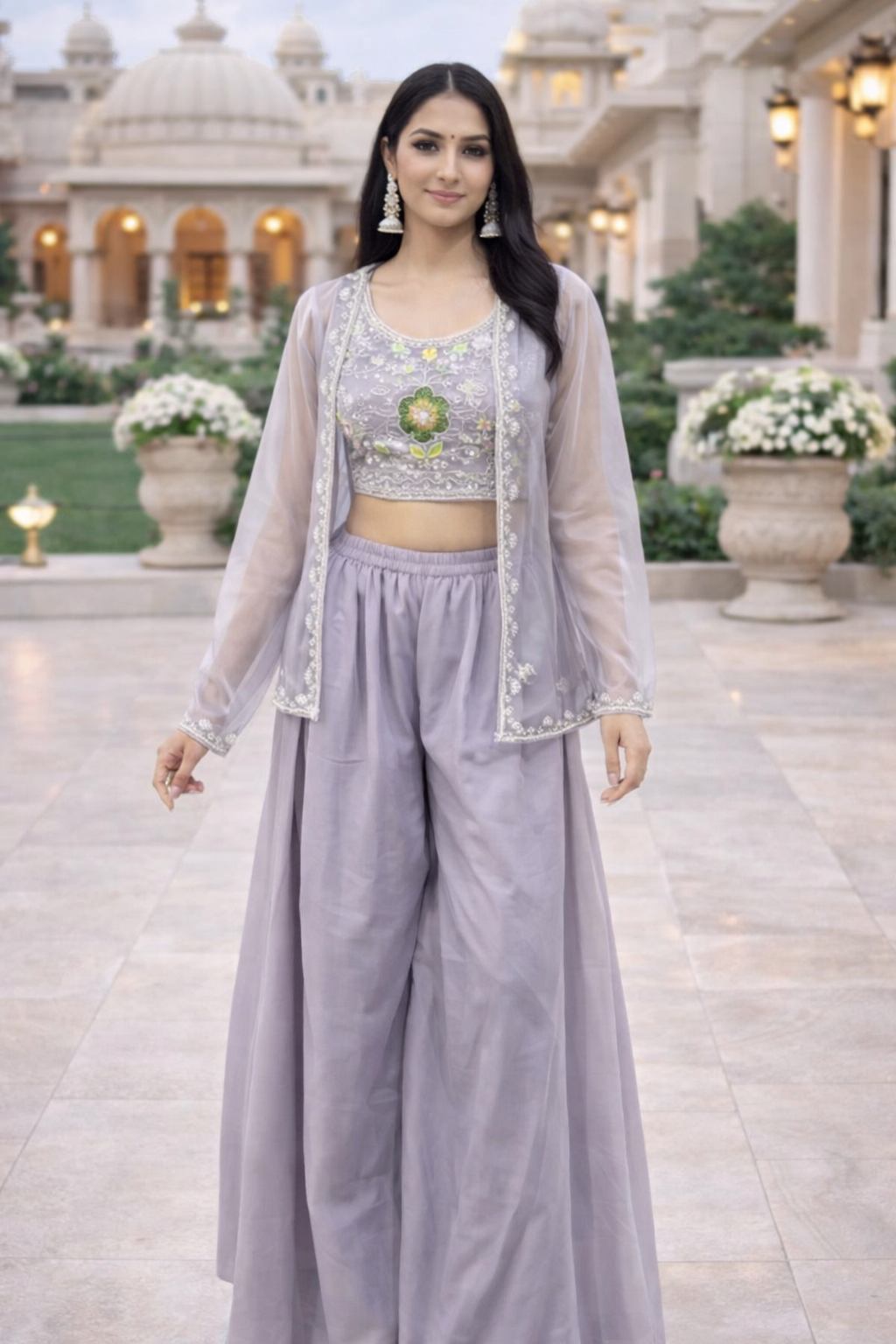 Lavender Embroidered Crop Top Palazzo Set with Sheer Jacket for Women – Festive & Party Wear