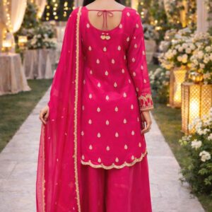 Hot Pink Embroidered Kurti Palazzo Set with Dupatta for Women – Festive & Wedding Party Wear