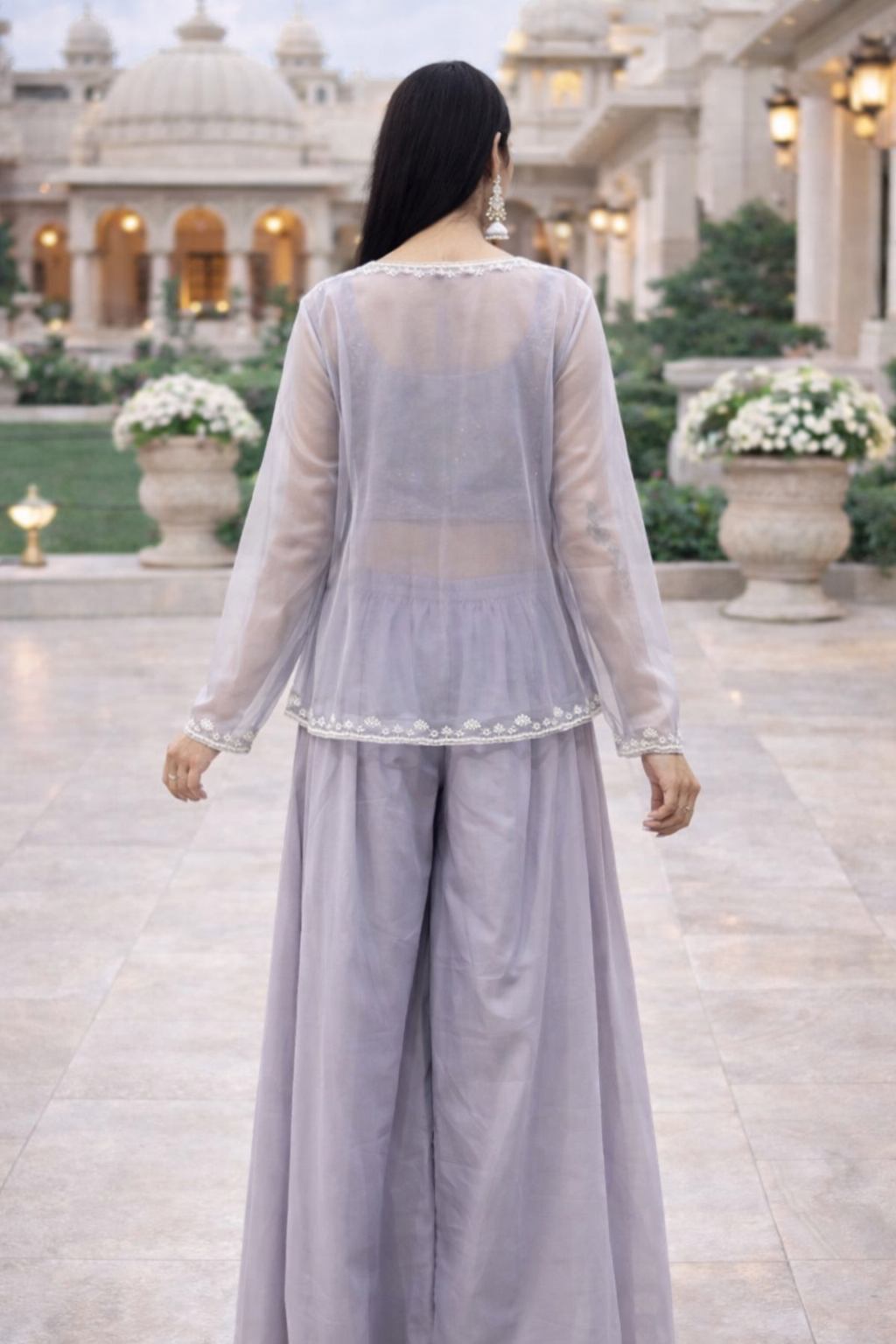 Lavender Embroidered Crop Top Palazzo Set with Sheer Jacket for Women – Festive & Party Wear