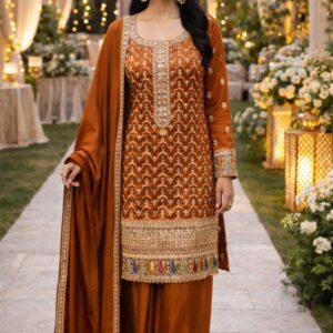 Rust Orange Embroidered Kurta Palazzo Set with Dupatta for Women – Festive & Wedding Wear