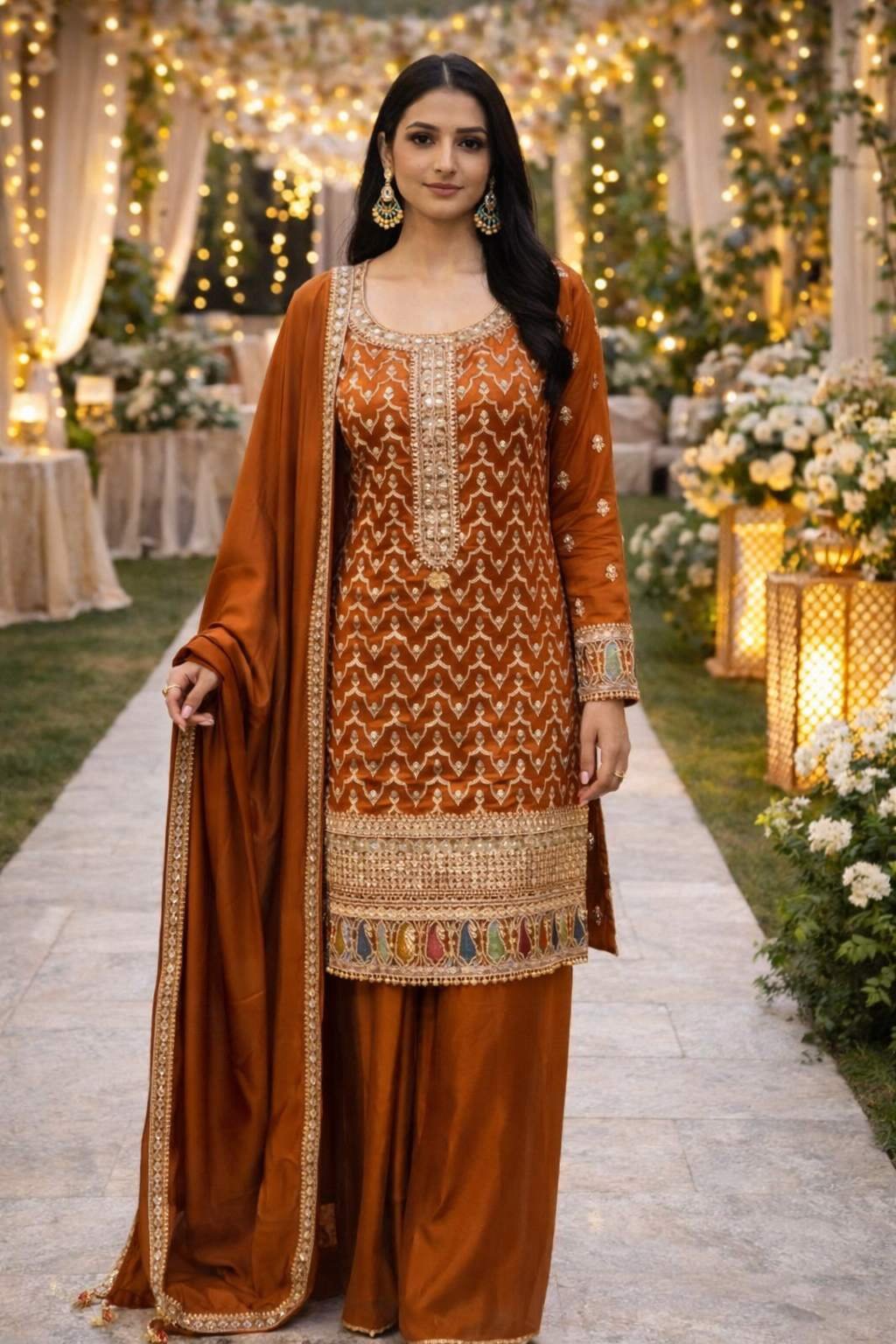Rust Orange Embroidered Kurta Palazzo Set with Dupatta for Women – Festive & Wedding Wear