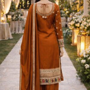 Rust Orange Embroidered Kurta Palazzo Set with Dupatta for Women – Festive & Wedding Wear
